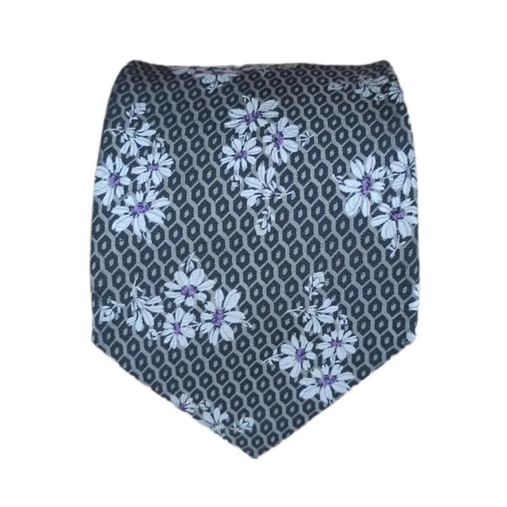 DUCHAMP LONDON Gray With Flower Print Silk Tie HANDMADE ENGLAND 62"/3.7" EX CON